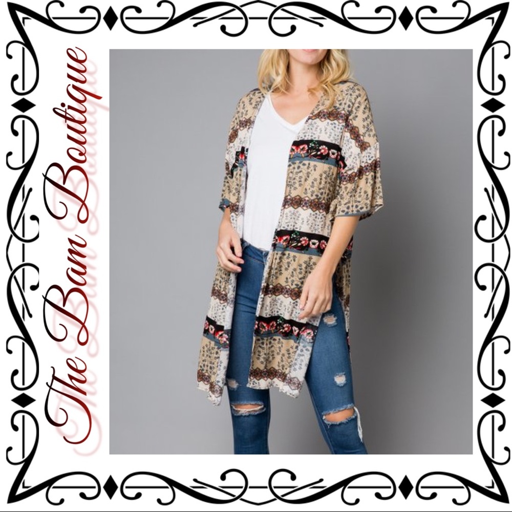Taupe Floral Stripe Side-Slit Open Cardigan